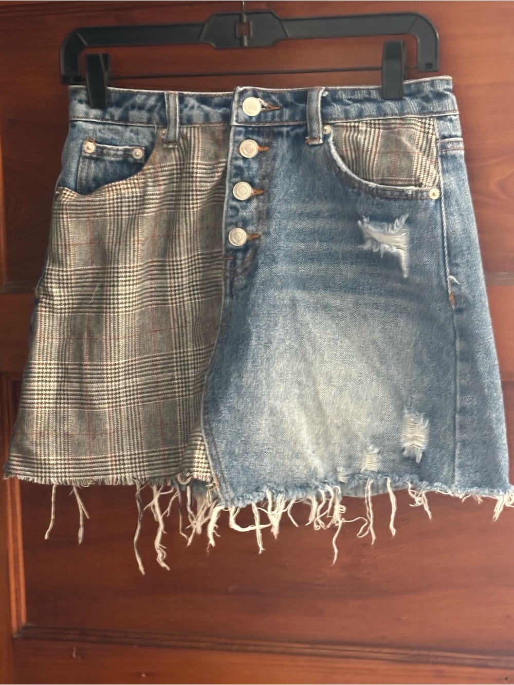 Patchwork Denim and Plaid Mini Skirt - Blue